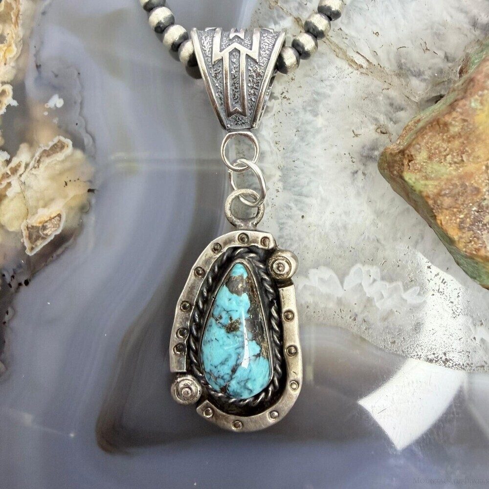 Vintage Native American Silver Turquoise Decorated Pendant For Women